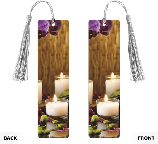 Candles and Orchids Wooden Bookmarks Handmade Double-Sided Printed Book Marks Page Markers with Gray Tassels Book Accessories Gift for Book Lovers Women Men