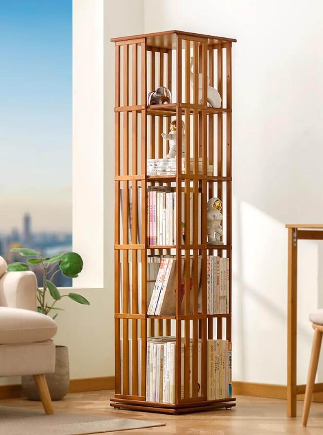 5-Tier Rotating Bamboo Bookcase - 360° Bookshelf Tower, Freestanding Storage Organizer for Bedroom, Living Room, Office - Stylish Corner Cabinet Book Rack