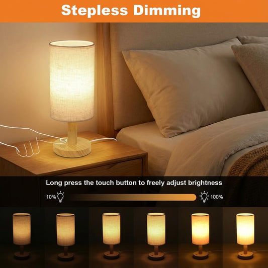 Touch Bedside Table Lamp - Stepless Dimming USB Powered, Minimalist Wood Base Linen Shade, 2700K Warm Light for Bedroom Nightstand Nursery Dorm Small Spaces, 5W LED 50K Hrs (No Bulb Replacement)