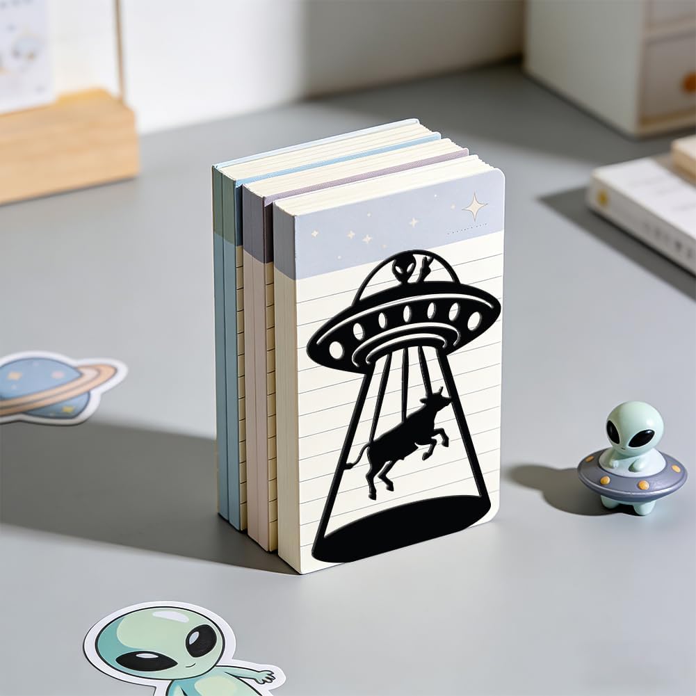 WADORN 1 Pair Alien UFO Cow Metal Decorative Bookend for Shelves, Heavy Duty Book Ends Modern Non-Skid Books Holder Stand Black Book Support Stoppers for Desk Bookshelf Office Home, 5.3x4.3x7.8 Inch