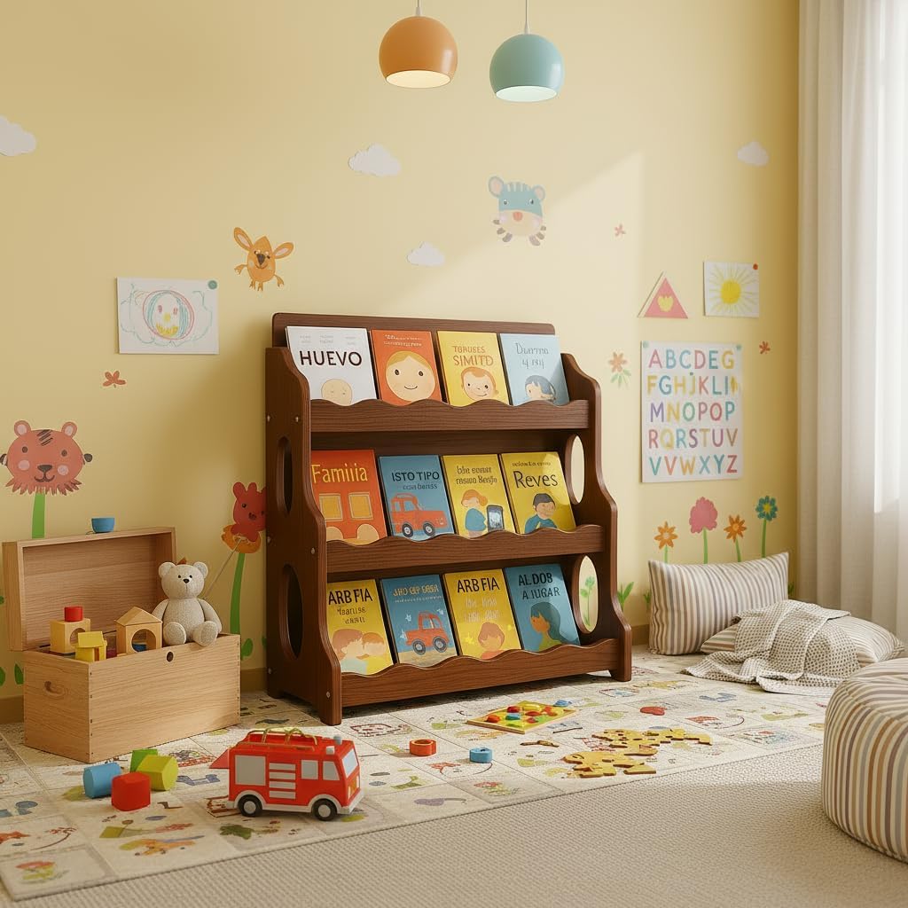 Kids Bookshelf Wooden Montessori Book Shelf Dutch Design 3Tier Scalloped,WalnutWood Pattern
