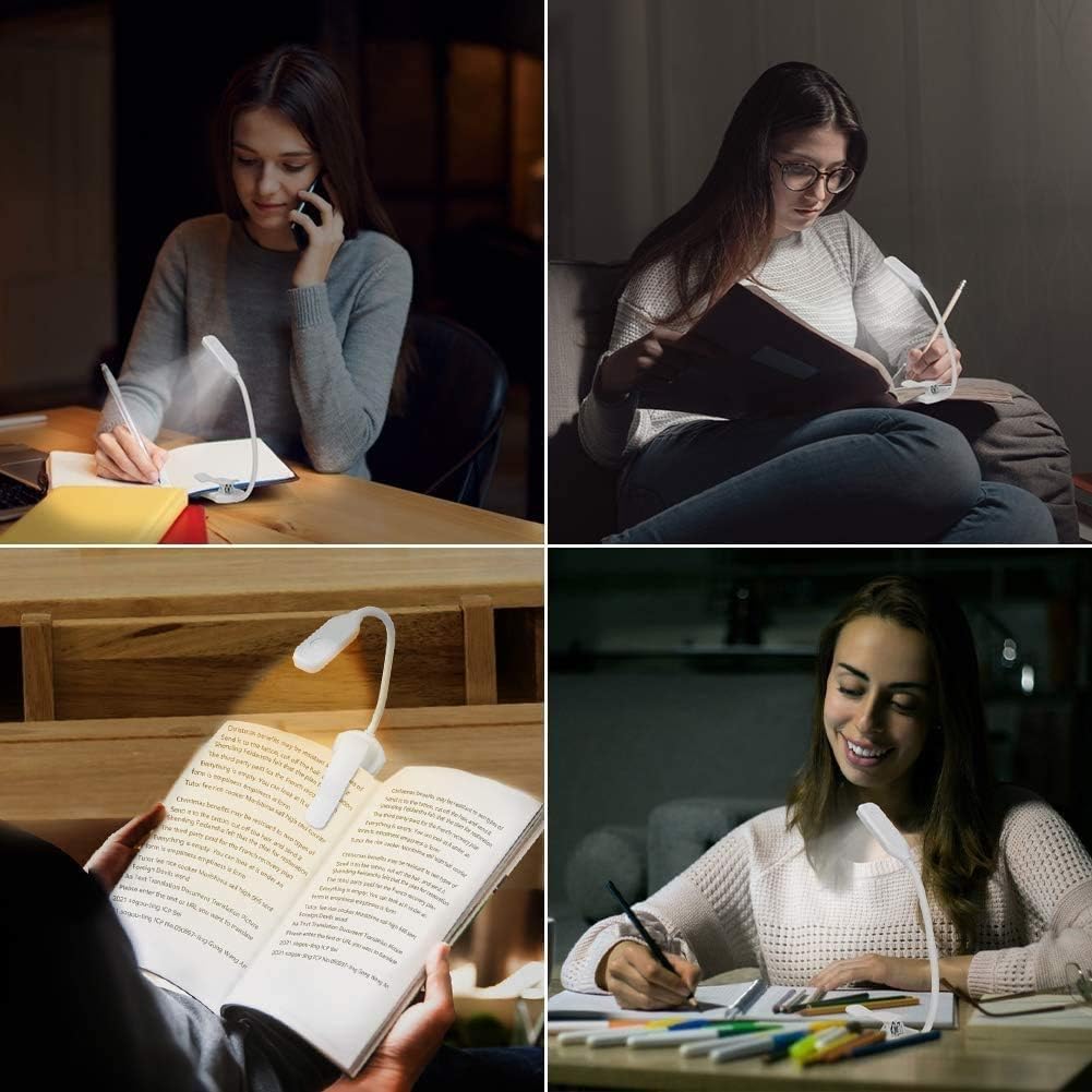 Clip On Book Reading Light for Bed, Clamp On Book Light with 5 LED Eye Care, 3 Color Changeable, Battery Operated USB Rechargeable Bendable Night Book Light Reading Lamps for Bed Study White