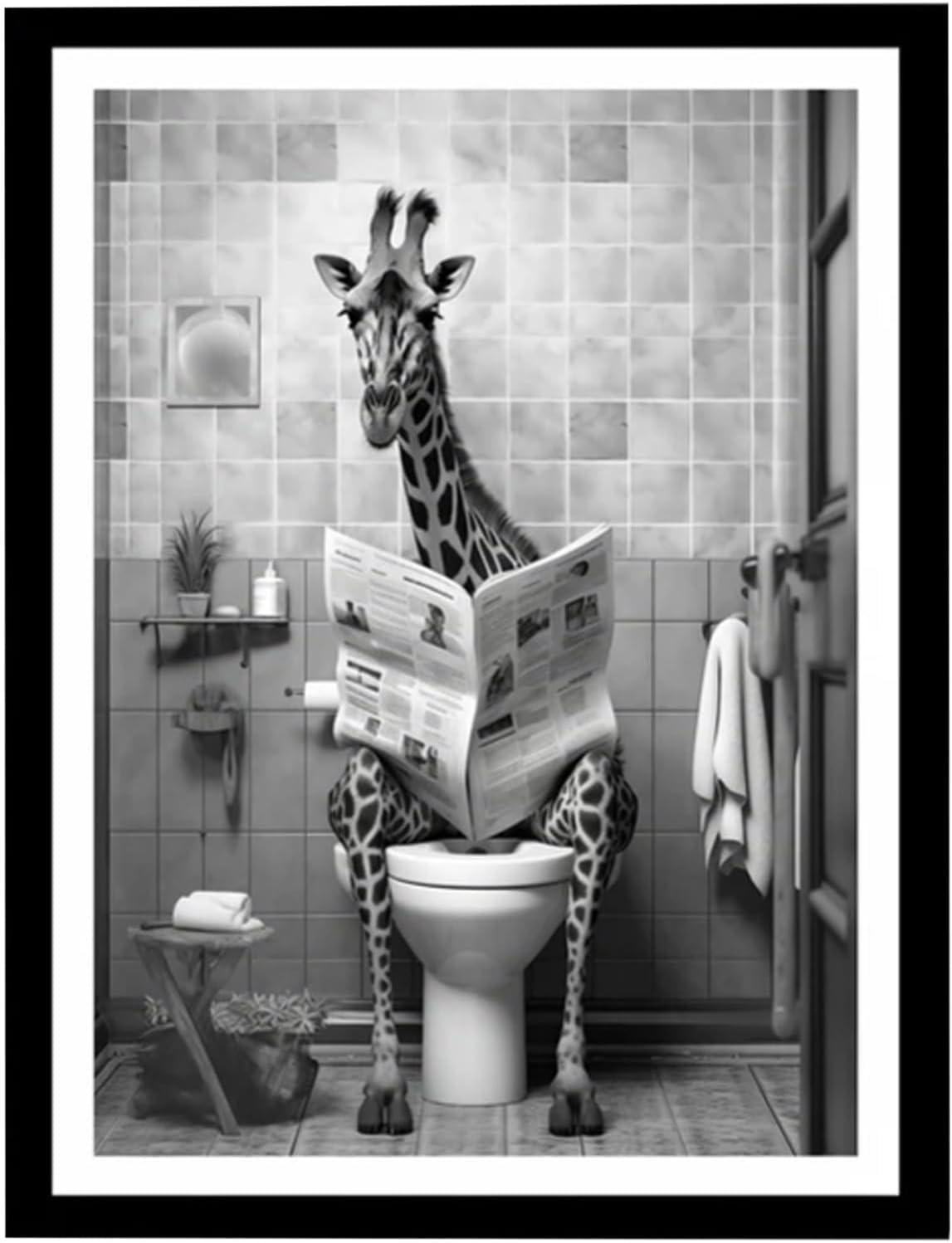 Giraffe Decor - Funny Bathroom Art | Black and White Funny Canvas Wall Art with Giraffe Reading Newspaper On Toilet Poster for Restroom Decor, Home Bathroom, Washroom, Hotel and Apartment Wall Decorat