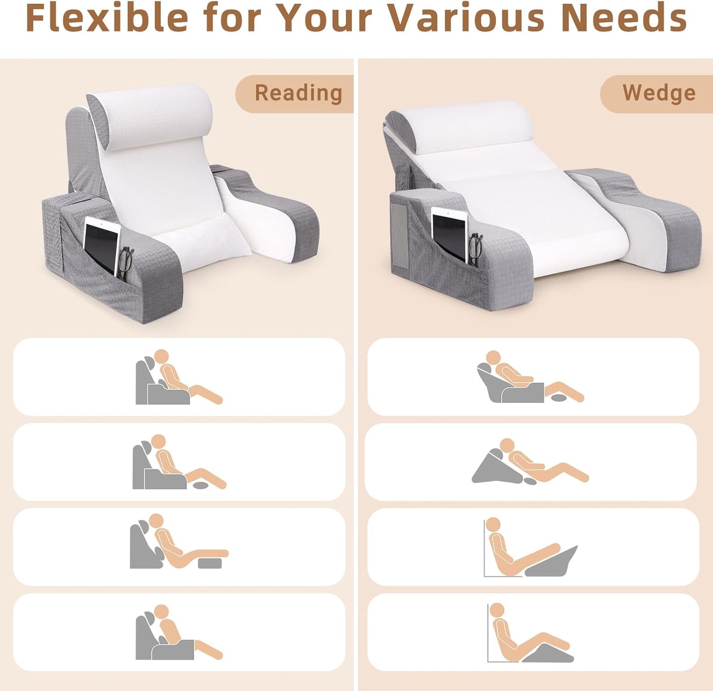 5PCS Reading Pillow for Sitting in Bed Adult, 2 in 1 Foldable Back Wedge Pillow for Sleep, Ergonomic Back Support Pillow with Arms for Watching TV, Gaming, Working, Recovery, 19” White/Grey