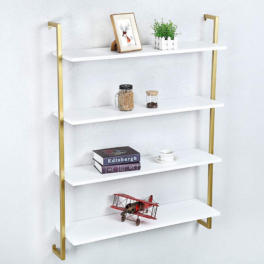Industrial Metal Wall Shelf,Floating Wood Shelves Wall Mounted,36in Real Wood Book Shelves,4 Tier for Bedrooms Office