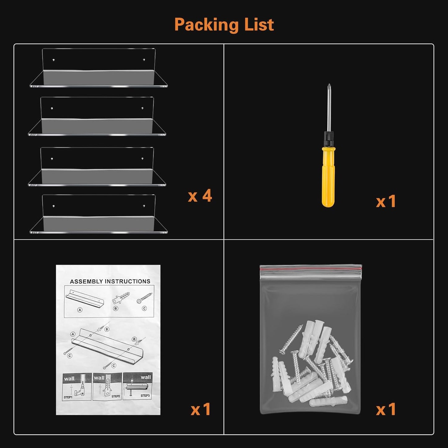 12 Inch L-Shaped Acrylic Floating Shelf Clear Wall Mounted Shelves Invisible 5MM Thick Shelf for Wall Storage Clear Shelves for Makeup Photo Picture Book Record Display 4 Pack