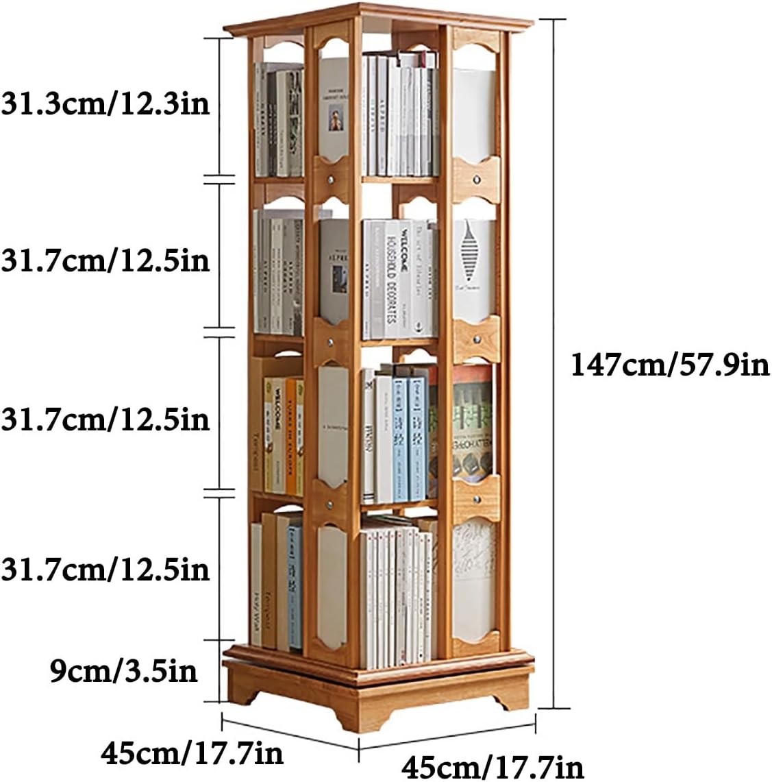 360° Solid Wood Rotating Bookshelf 4/5/6 Tier 360° Rotating Bookcase Spinning Bookshelf Tower For Kids & Adults Corner Bookshelf For Small Space Square Narrow Bookshelf For Bedroom Living Room(45x45x1