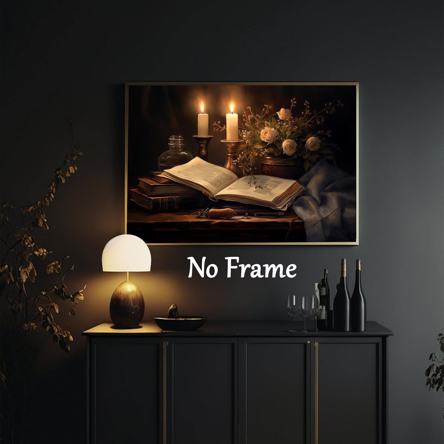 Dark Academia Books Wall Art Gothic Flowers Canvas Retro Moody Art Prints Vintage Gothic Poster Dark Academia Paintings Library Pictures Vintage Moody Artwork Antique Art 16x24inch No Frame