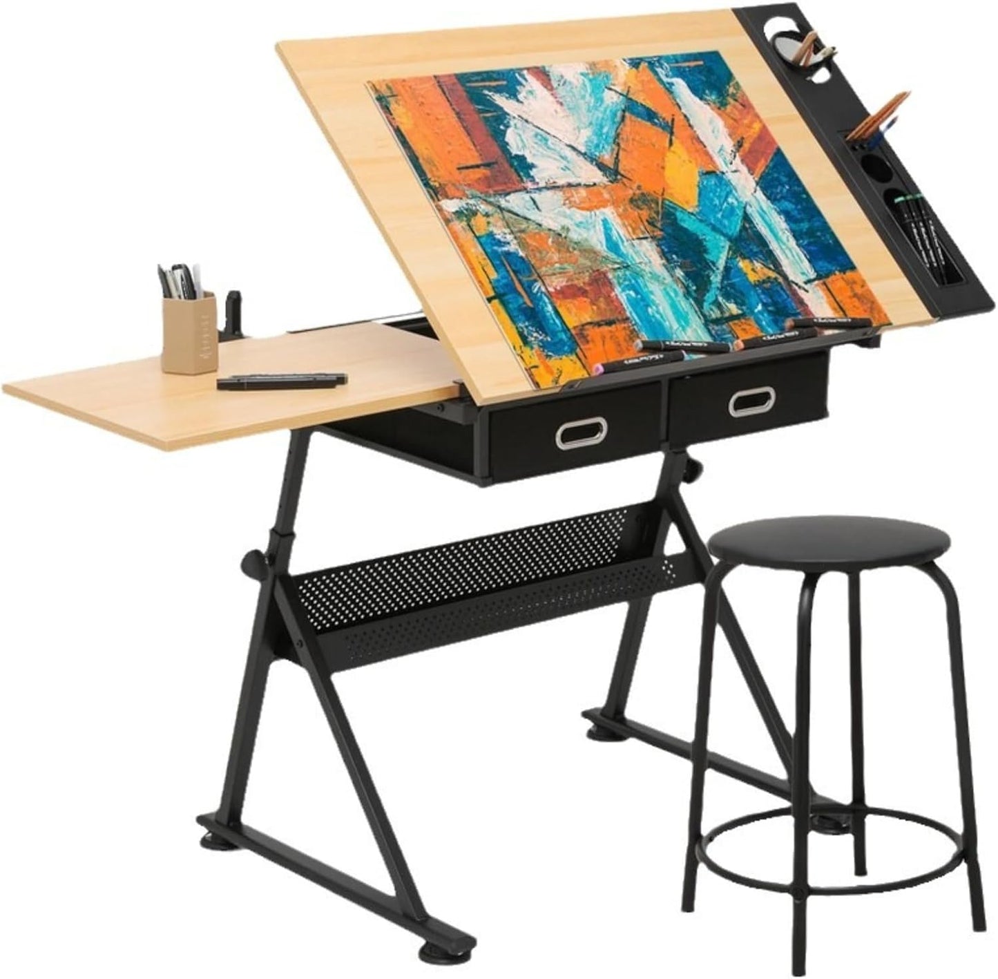 Drawing Tilting Tablet,(Wood Drafting Table & Stool Set Artist Desk, 0°-45° Tilted Tabletop, (26.8"-35.8") Height Adjustable, Drawing Workstation)