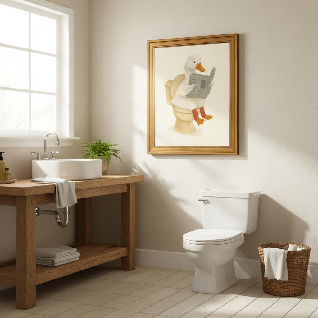 Vintage Gold Framed Duck Bathroom Wall Art Funny Duck Reading on Toilet Painting Picture Wall Decor Kids Bathroom Poster Beige Cute Animal Poster Print Artwork for Bathroom Home Decoration