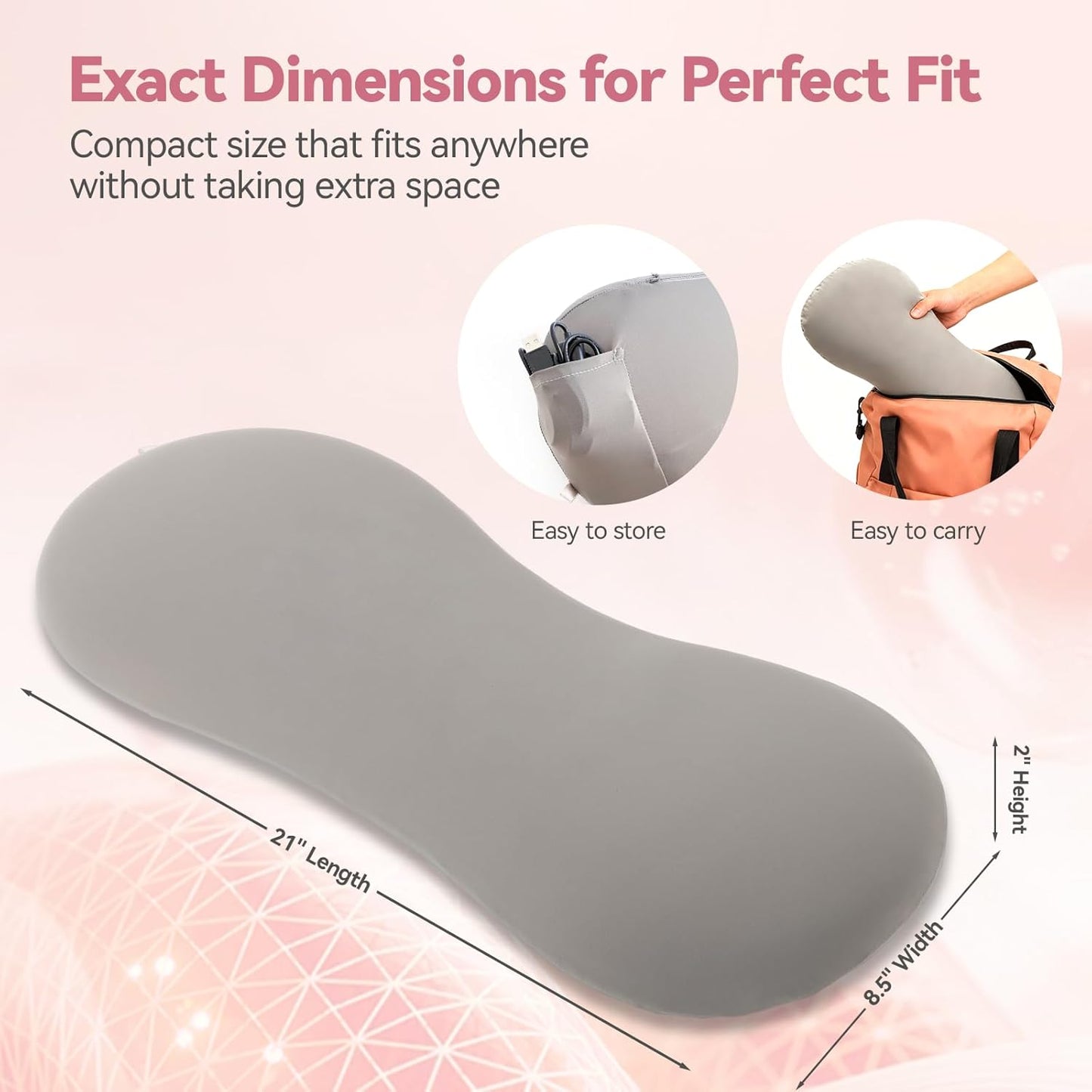 Heated Lumbar Support Pillow for Sleeping – Memory Foam Back Pillow for Bed, 3 Heat Levels & 8 Timers, Ergonomic Lower Back Pillow for Side, Back & Stomach Sleepers, Washable Cover