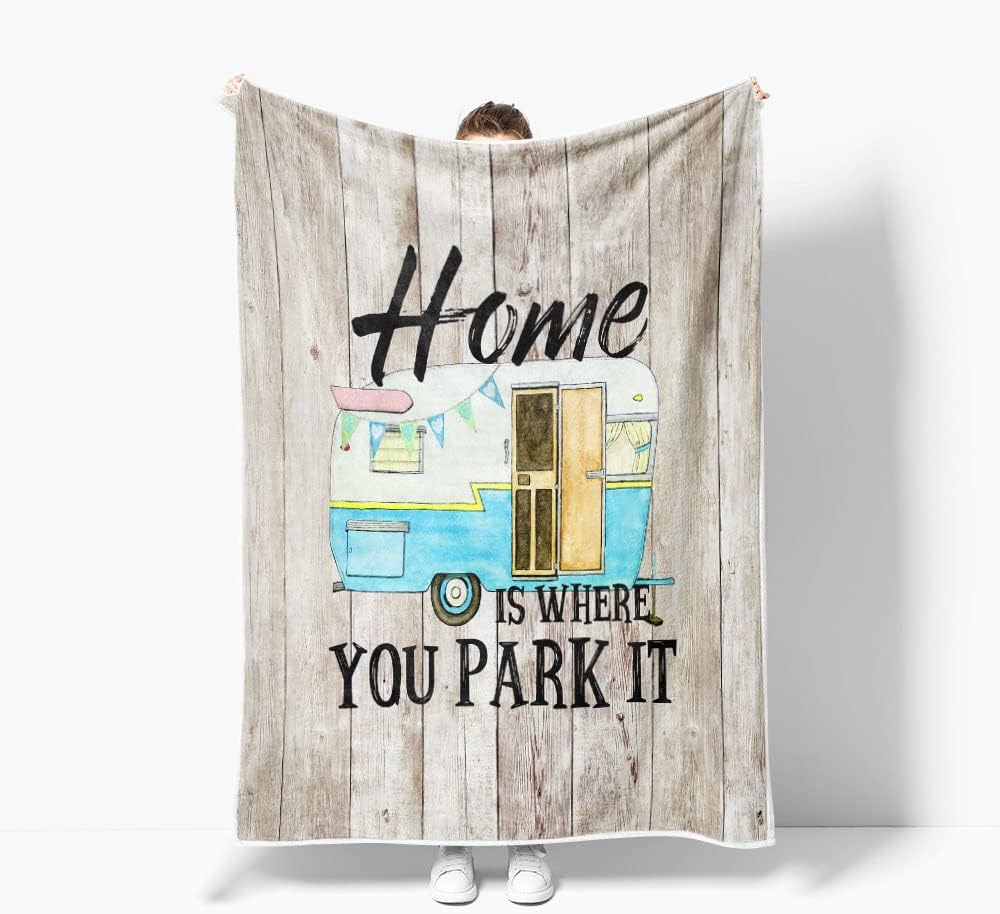 Soft Vintage Wooden Door Happy Camper Throw Blanket,RV Throw Blanket All Season Warm Blankets Tufted Flannel Throws Blanket for Sofa Couch,Rustic Trailer Motorhome on The Wood Plank Blanket