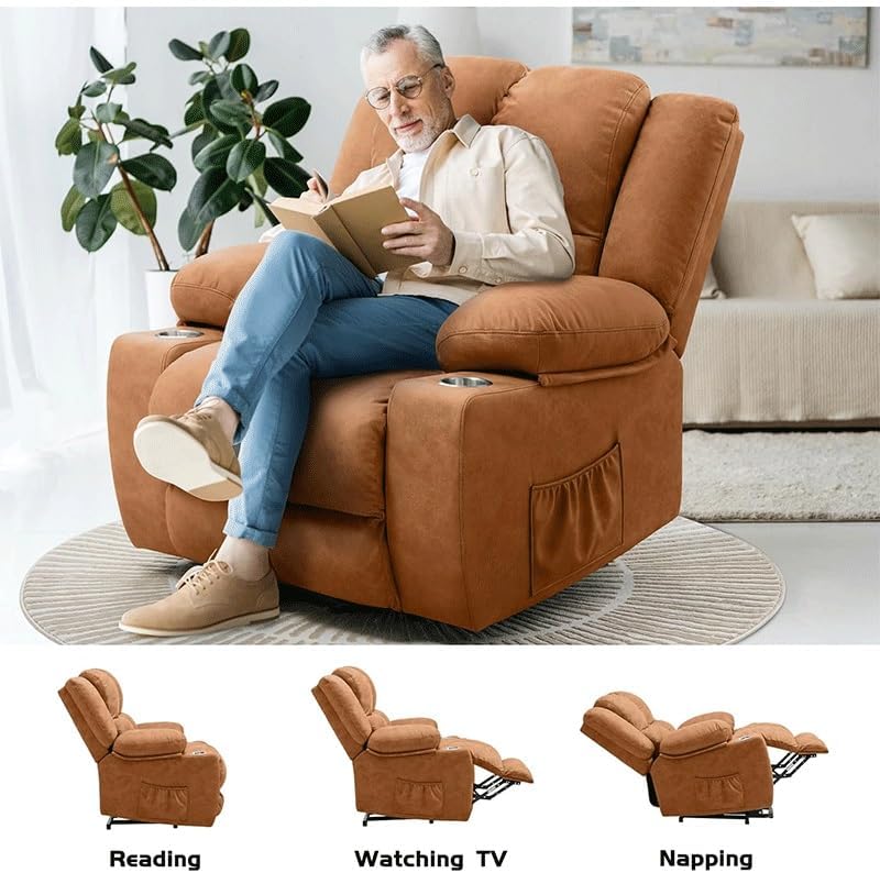 Adults Massage Recliner Chair, Ergonomic Leisure Chair Classic Single Sofa, Living Room Recliner Sofa with Massage and Heated, Cup Holders and USB Port