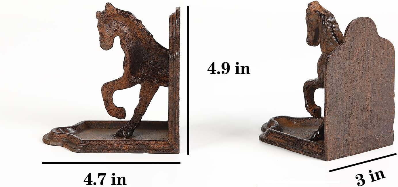 Jemeni 2 Pack Farmhouse Galloping Horse Bookends, Horse Bookends, Rusty Finish