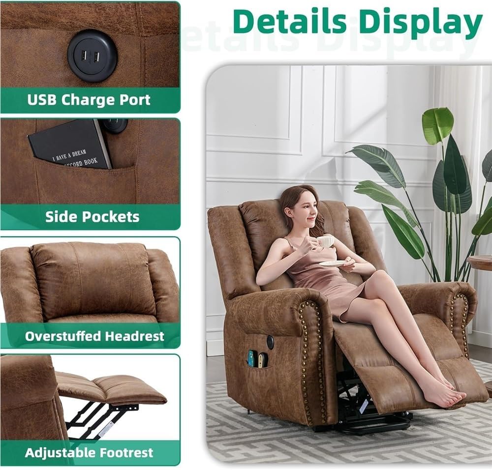Power Lift Recliner Chair for Elderly, Electric Brown Leather Recliner with Heat and Massage and USB Charging Port, Adjustable Living Room Lounge Chair with Stand Assistance