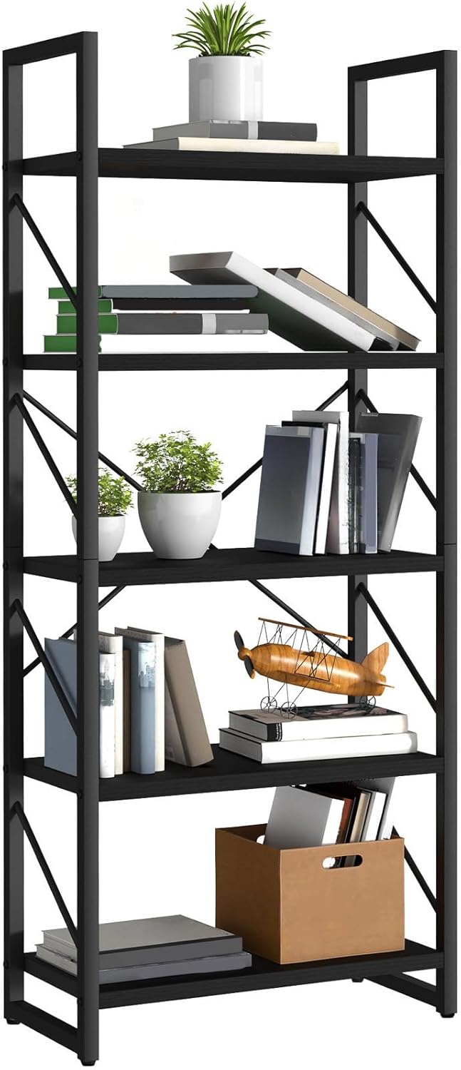 YITAHOME 5 Tiers Bookshelf, Artsy Modern Bookcase, Book Rack, Storage Rack Shelves Books Holder Organizer for Books/Movies in Living Room/Home/Office - Black