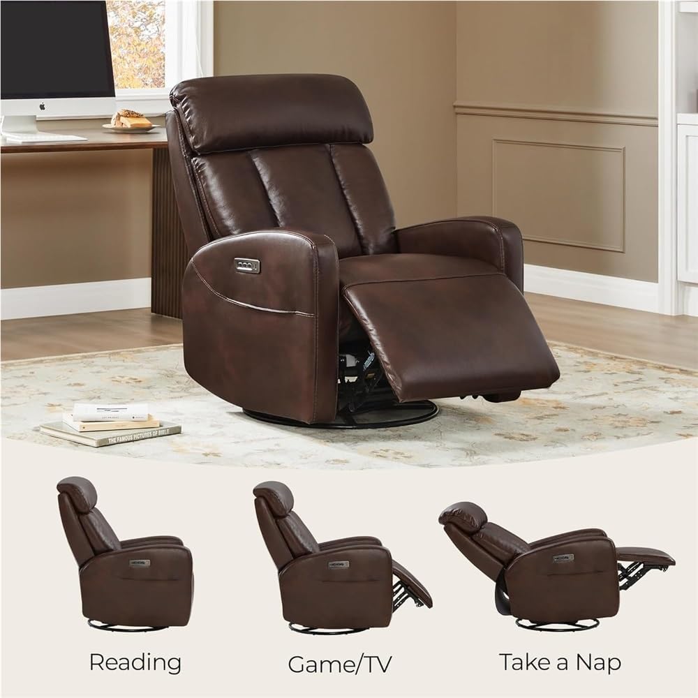 Electric Swivel Recliner Chair with 270 Degree Rotation Adjustable Headrest Lumbar Support Brown Leather Upholstered Nursery Rocking Reclining Sofa for Living Room