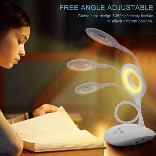 LED Desk Lamp with Flexible Gooseneck, Cordless Rechargeable, 3 Color Modes, Dimmable, Stepless Touch Control, Portable Eye-Caring Table Lamp for Office Home Bedroom, White