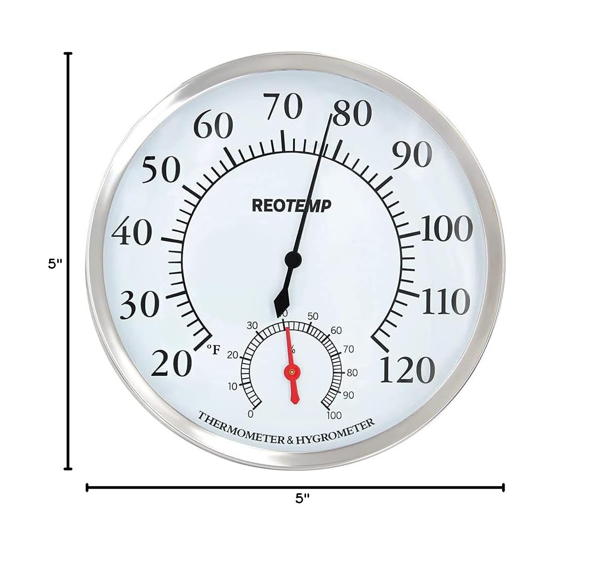 REOTEMP DTH5 Analog Desktop Thermometer Hygrometer, 5" Dial, 20/120F, Relative Humidity Gauge