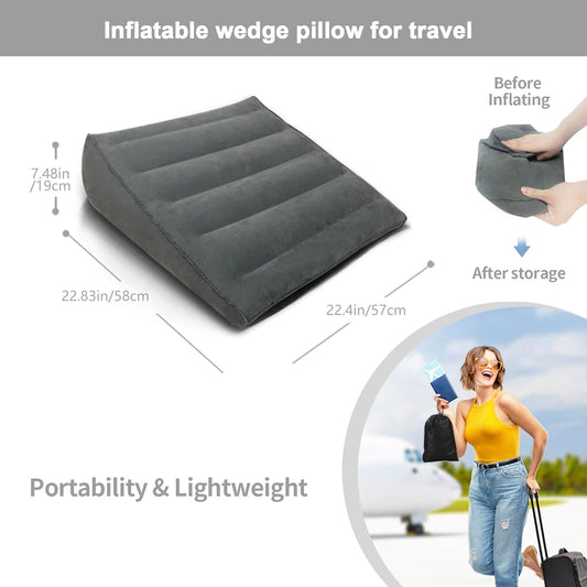 Inflatable Wedge Pillow for Travel and Home, Portable Bed Wedge for Back Support and Leg Elevation, Lightweight Triangle Pillow for Sleeping, Reading, and Camping, 22.4x22.83x7.48 Inches, Gray