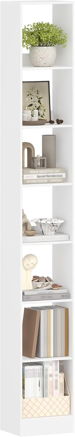 Bookcase, Tall Narrow Bookshelf, Open Display Storage Shelf, Skinny Cube Book Shelf with Adjustable Shelves, CD Rack for Living Room, Home Office 7-Tier(9.4 x 11.8 x 84.3 inch) White BC79703X