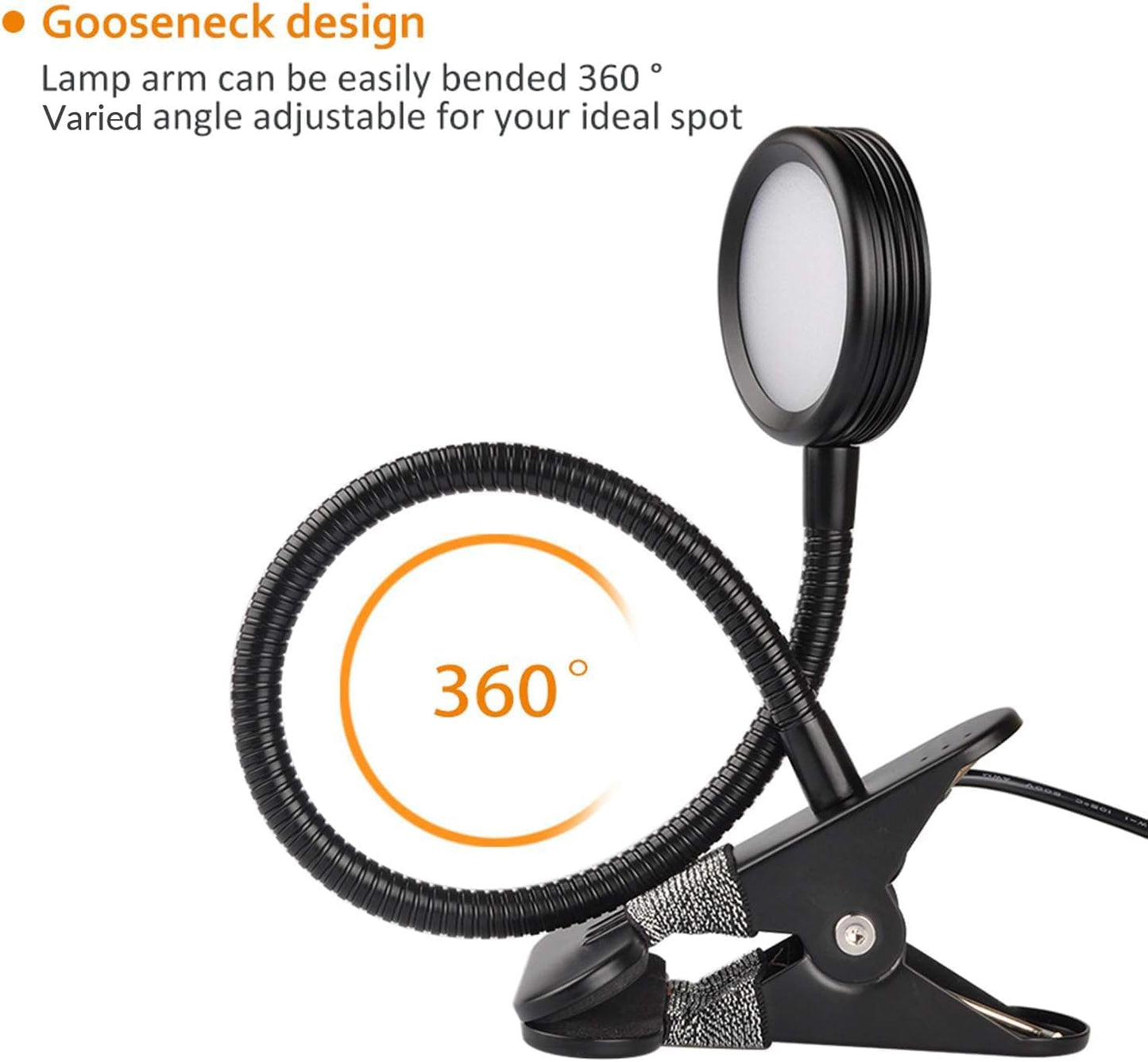 LEPOWER Clip on Light/Reading Lights/Book Light/Desk Lamp Color Changeable/Night Lights Clip on for Desk, Bed Headboard and Computers, Adapter Included (Black)