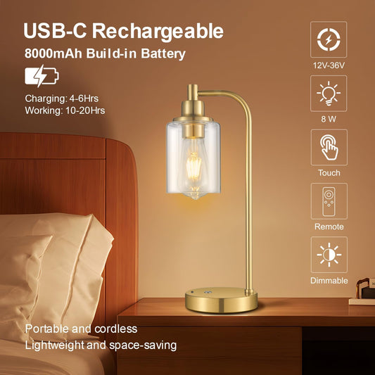 Cordless Table Lamp Rechargeable Gold, 8000mAh Battery Operated Table Lamps with Remote Control, Touch Dimmable Bedside Lamps with Glass Shade, Portable Wireless Lamp for Bedroom, Living Room