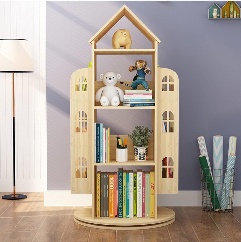 Heehee Rotating Bookshelf 360 Display Floor Standing Bookcase Storage Rack Children's Bookshelf, Wood Book Shelf Organizer Stand for Kids, Storage Book Display Case Bookrack