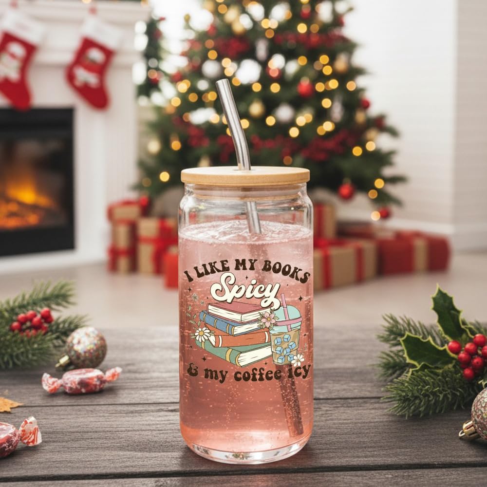 Funny Coffee Glass Cup Bookish Gifts for Women Mom Friend Book Lover Librarian,Book Themed Cute Drinking Glass Cup with Lids Straws,Reading Gifts for Birthday,I Like My Books Spicy & My Coffee Icy -8