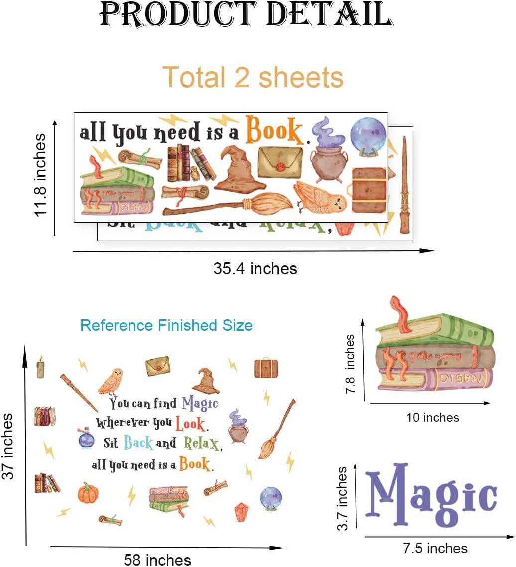 Magic Reading Book Wall Decal, You Can Find Magic Education Inspirational Quote Vinyl Wall Stickers, Removable Watercolor Reading Artwork for Kindergarten Classroom Llibrary Playroom Decor