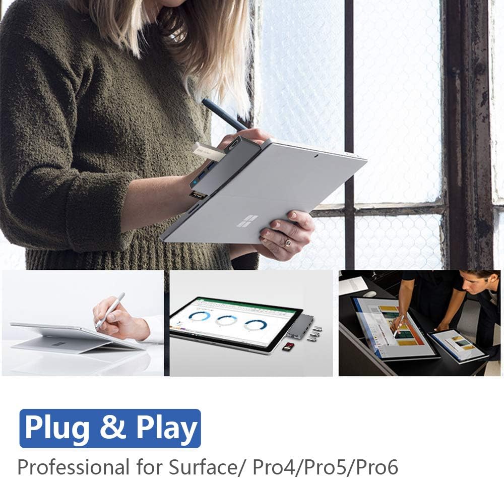 Surface Pro 6/ Pro 5/ Pro 4 Docking Station USB Hub, Surface Pro Docking Station with 4K HDMI, 3X USB3.0 Ports, SD/TF Card Reader, Accessories for Microsoft Surface Pro 4/5/6