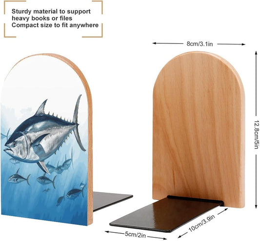 Bluefin Tuna Thunnus Bookends 1 Pair Heavy Duty Book Ends for Shelves Non-Skid Bookend Supports Wooden Book Holders with Metal Base Desk Organizers Books Storage to Hold Books