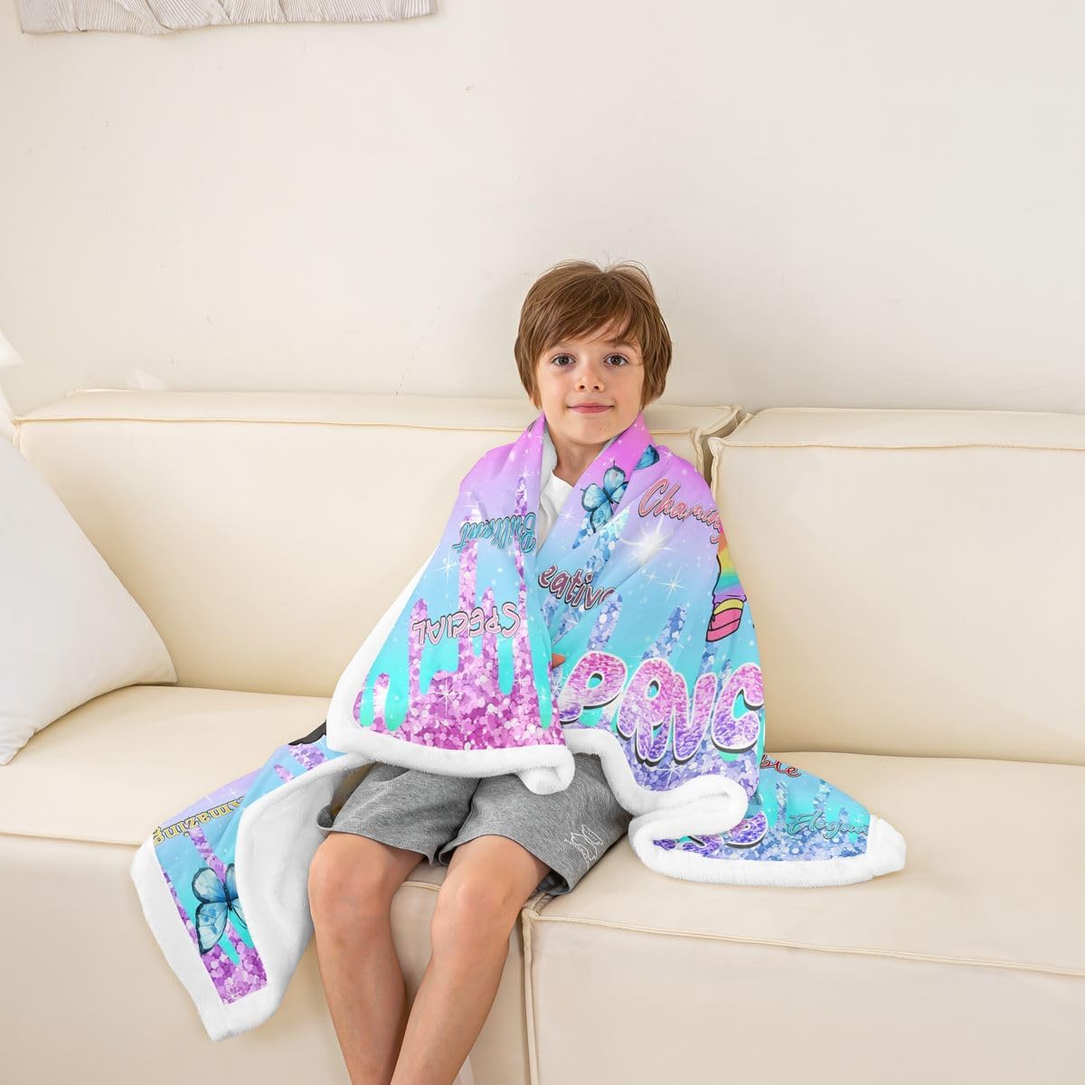 Feelyou Afro Cartoon Girl Sherpa Throw Blanket for Couch Rainbow Super Soft Cozy Fleece Pastel Gradient Blanket for Winter, Plush Throw Butterfly Princess African Woman Queen 90"x90" All Season