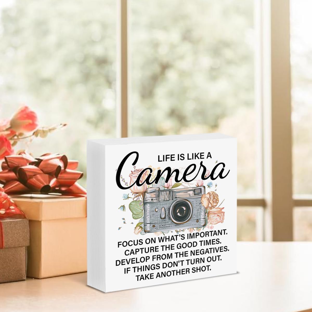 Photographer Gifts for Women, Motivational Photography Gifts for Photographers, Life Is Like a Camera Wood Block Sign Home Office Desk Shelf Decor