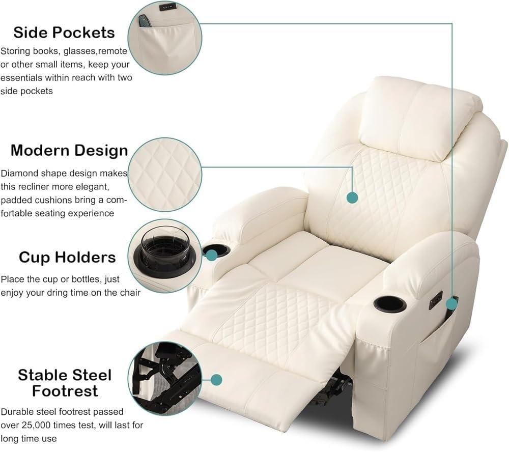 Beige Electric Power Recliner Chair with Heat and Massage Single Seat Theater Seating Upholstered Lounge Sofa Cup Holders USB Port for Adults Living Room Reclining Furniture