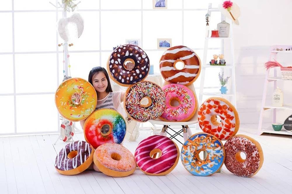 ChezMax Round Donut Pillow 16 Inch, Soft Decorative 3D Print Seat Pad Cushion, Comfortable Plush Funny Cute Food Shaped Stuffed Throw Pillow for Adult Couch Floor Chair Sofa Office-Pink Sugar