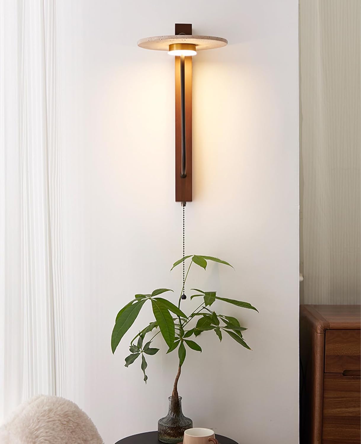 Yellow Travertine Wall Sconce, 15.7" Japanese Vintage Wabi Sabi Light Fixture with Natural Stone Lampshade Pull Cord Switch Wood Base, Art Deco Wall Sconces for Bedside Bedroom Kitchen Island