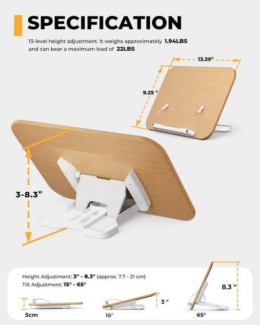 Adjustable Book Stand for Reading, 13 Height Levels Book Holder, Hands-Free Desktop Book Stand with Page Clips, Foldable Book Stand for Textbooks, Cookbooks, Tablets & Study