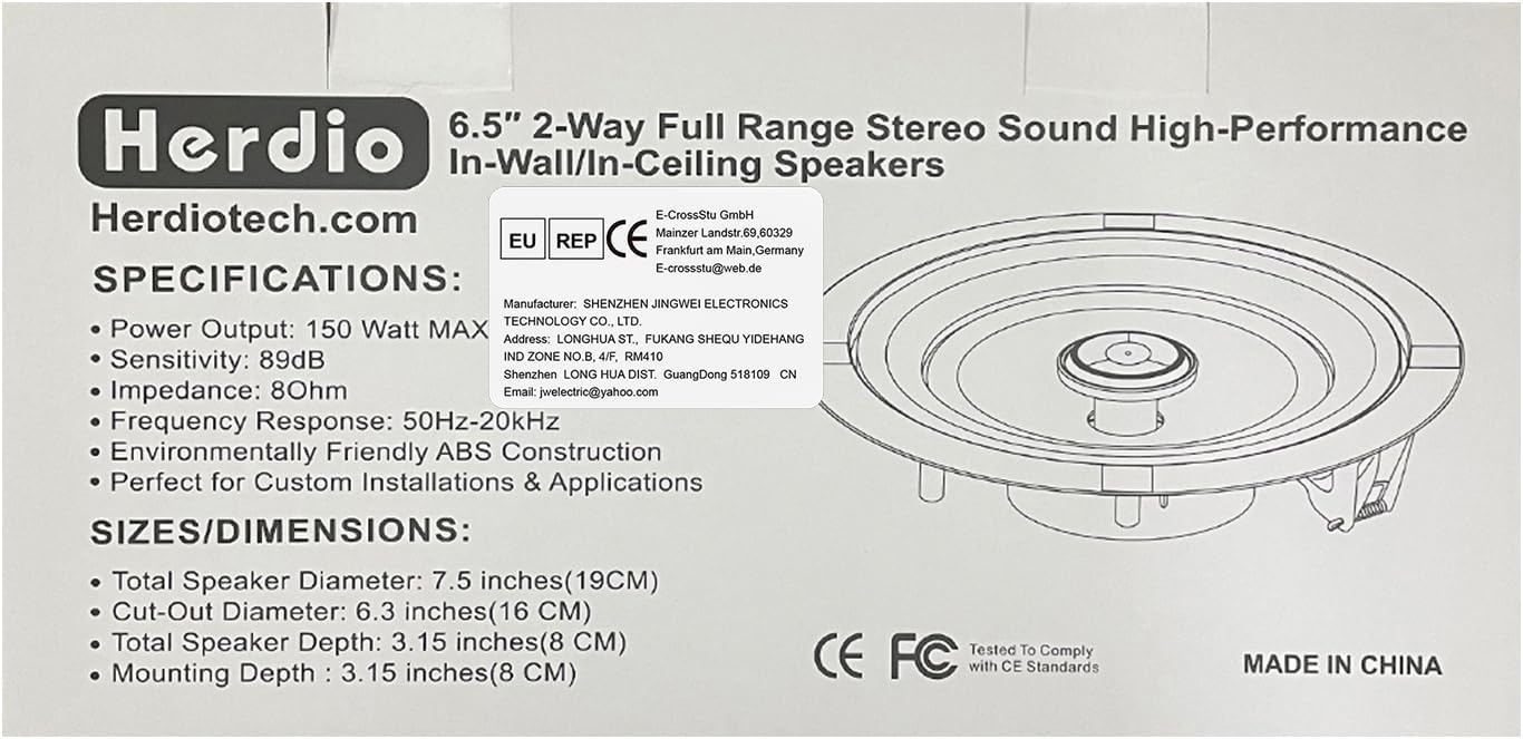 Herdio 6.5" 600 Watts Bluetooth Ceiling Speakers Wireless Home Recessed Speaker System Suitable for Indoor,Kitchen,Home Theater,Bedroom,Office,Covered Patio(4 Speakers)