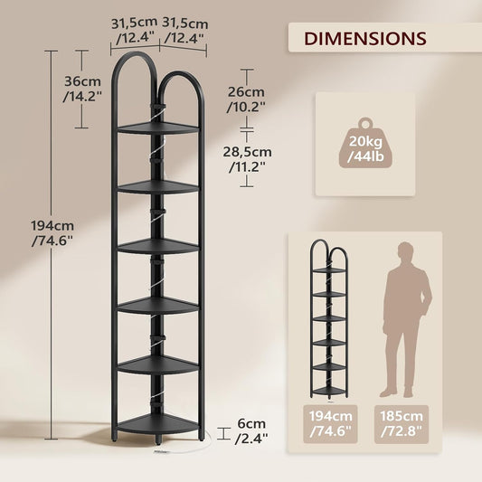 6 Tier Corner Shelf with LED Light, 74.6'' Tall Corner Bookshelf Stand, Narrow Display Bookcase with Storage Rack for Wall Corner, Living Room, Bedroom, Small Spaces, Black CSBK66101