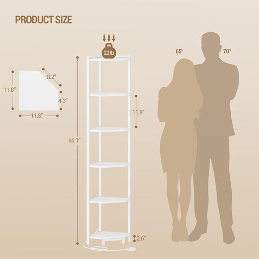 Corner Shelf with LED Light, 6-Tier Corner Bookshelf, Tall Narrow Display Bookcase with Metal Frame, Standing Shelf for Small Space, Living Room, Home Office, Bedroom, White CS66613W