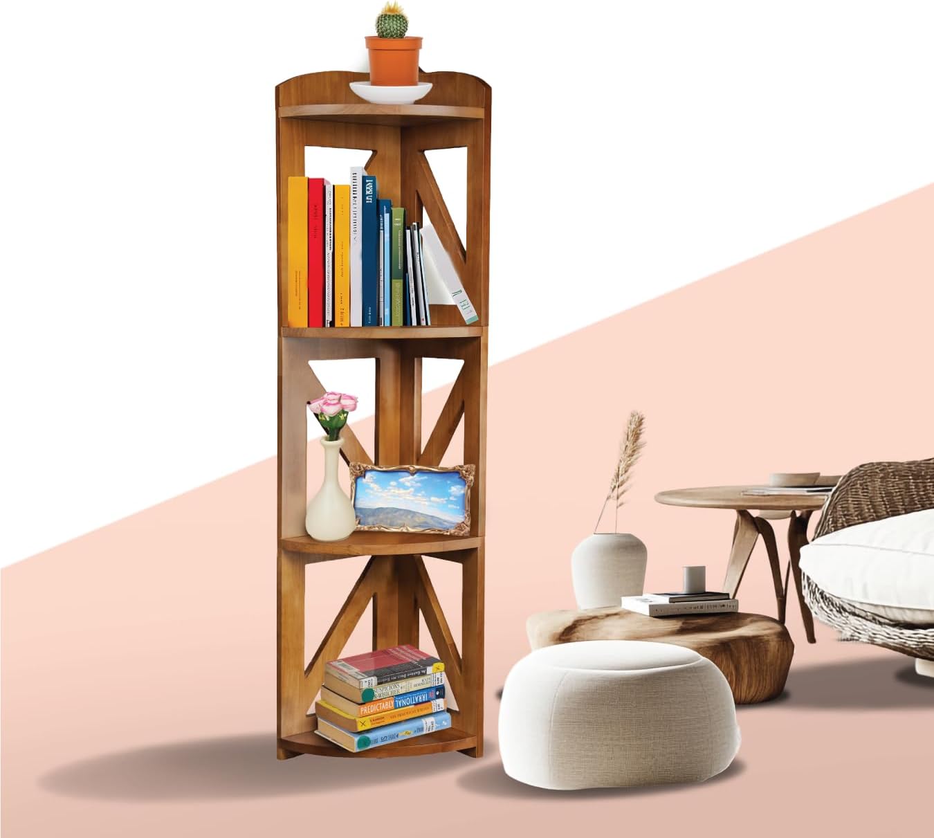 Corner Shelf Stand, Corner Bookshelf, Small Corner Shelves by Natural Wood, Plant Stand, Corner Bookcase for Living Room, Home Office, Bedroom, (White, 3 Tier) (Brown, 4 Tier)