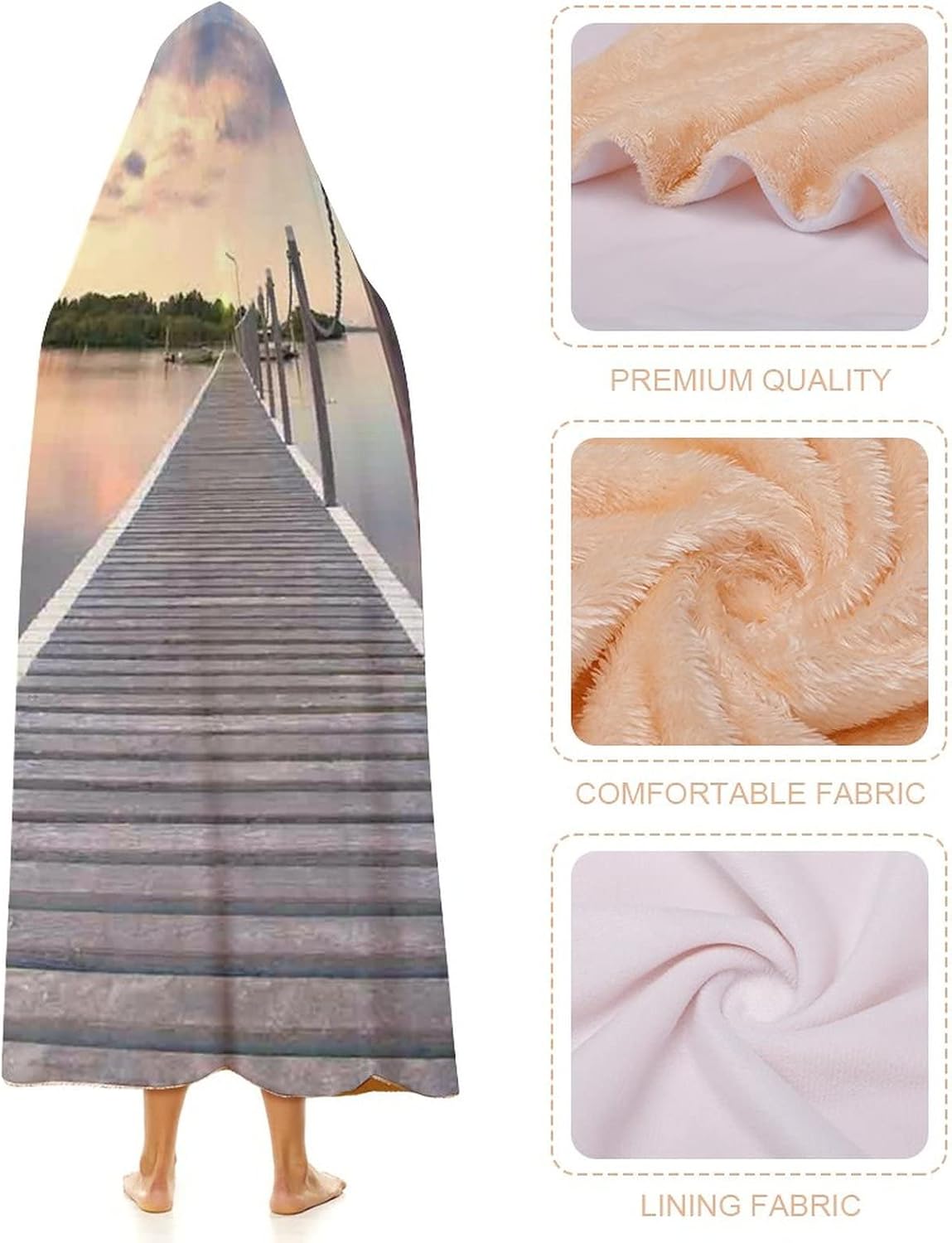 Throw Blankets, Ocean Wearable Hooded Blanket for Adults, Pontoon Jetty Pier Deck Across The Water at, Soft Warm Cozy, 50 x 60inches, Studying Reading Snuggling Napping Office, Aqua Grey Peach
