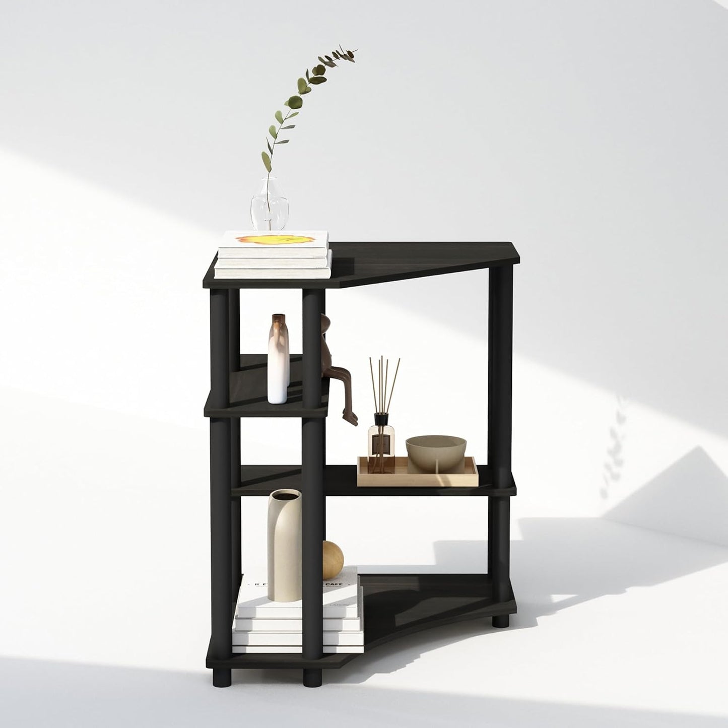 Furinno Turn-N-Tube Storage Shelves, 4-Tier Corner Shelf, Toolless Assembly Display Rack, Corner Bookshelf for Small Space, for Organization and Storage, Living Room, Home Office, Espresso