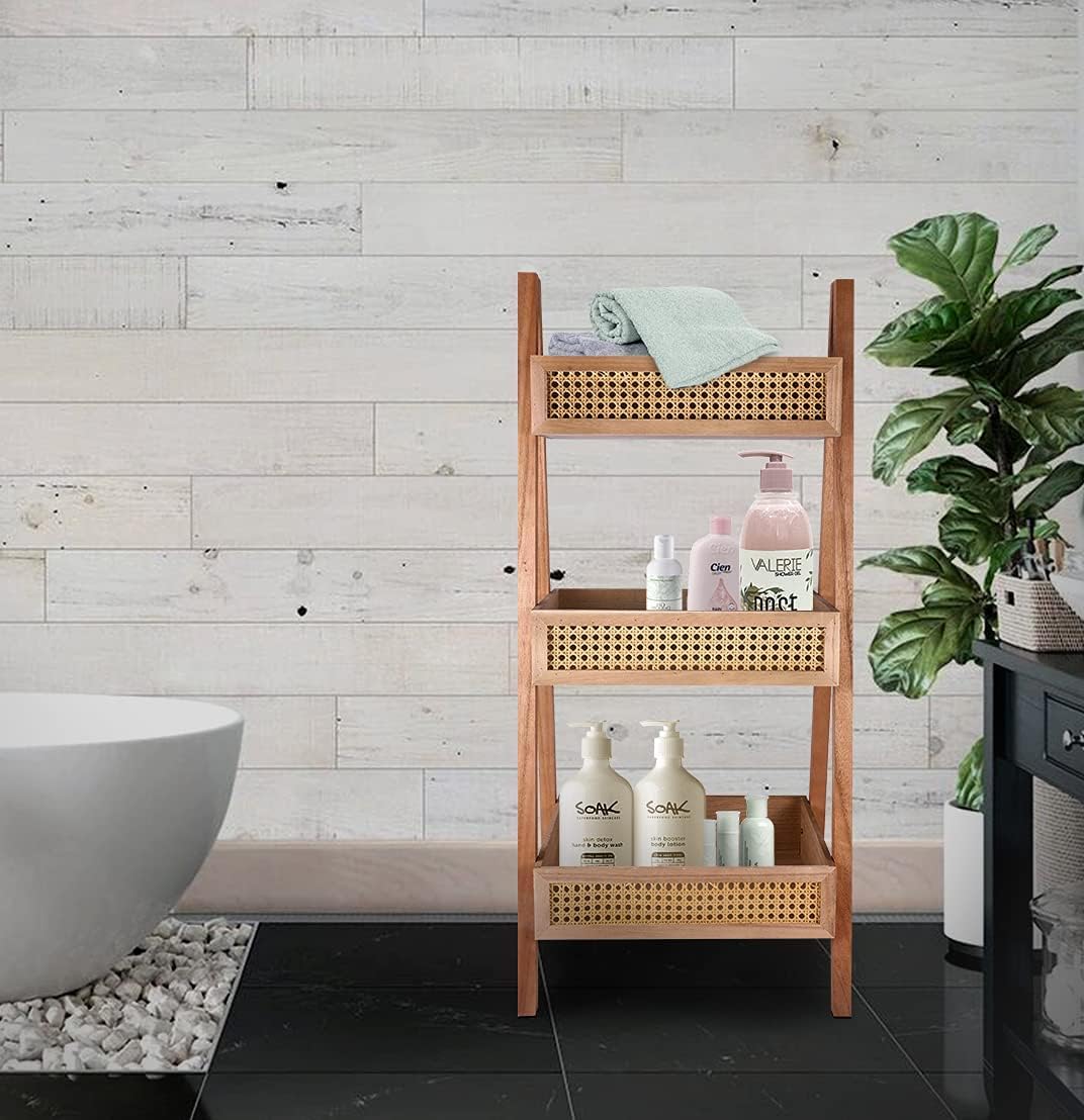ZYBT Ladder Bookshelf, 3-Tier Rattan Bookshelf, Free Standing Bookcase, Blanket Ladder, Wood Organizer Storage Shelves for Living Room Bedroom Kitchen Balcony and Home Office