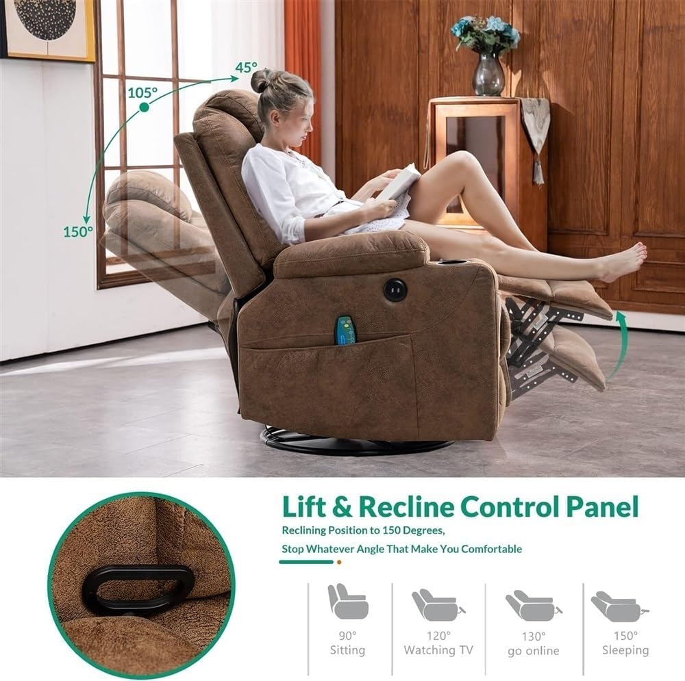 Oversized Swivel Rocker Recliner Chair with Heat and Massage, 360° Swivel Glider Recliner for Adults, Comfortable Ergonomic Reclining Chair with Cup Holders for Home Theater