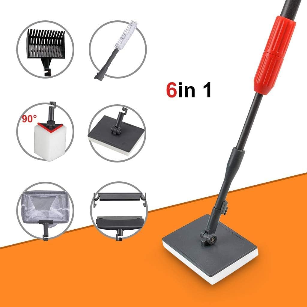 UPETTOOLS Aquarium Clean Tool 6 in 1 Fish Tank Cleaning Kit Algae Scraper Scrubber Pad Adjustable Long Handle Fish Tank Brush Cleaner Set