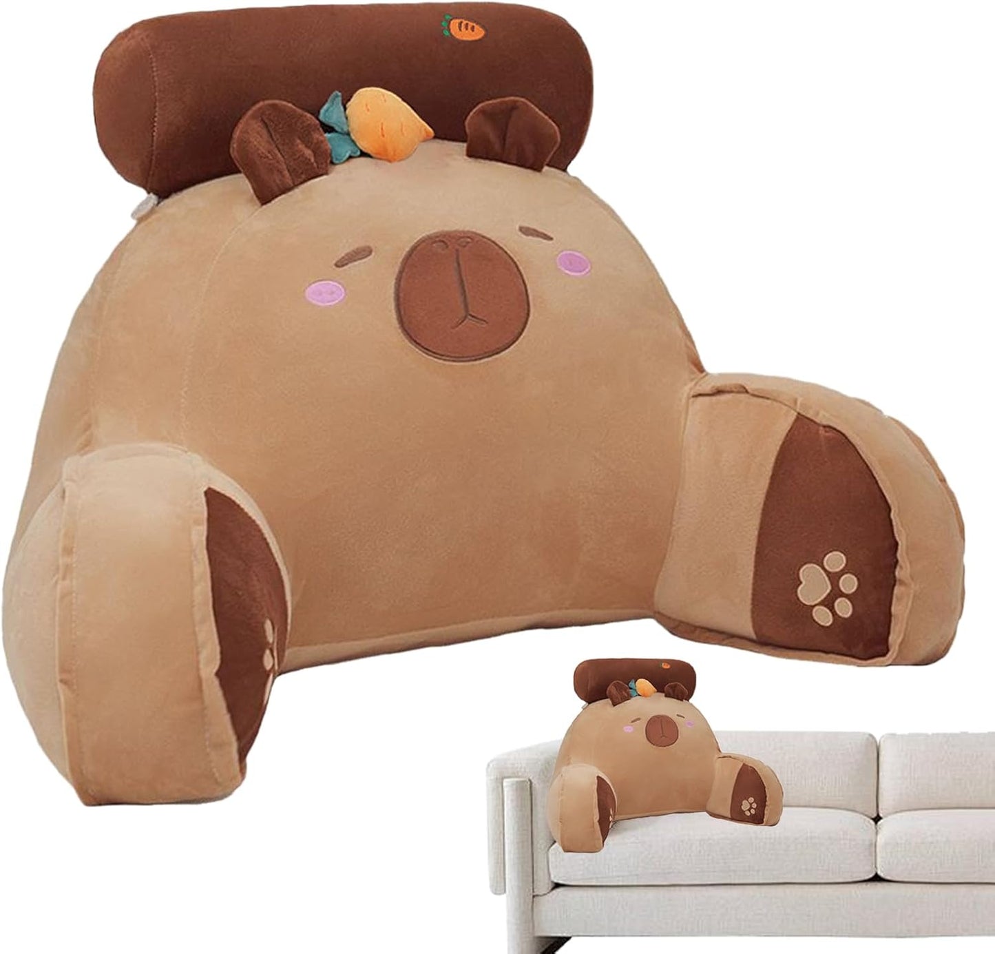 Bed Rest Pillow with Arms, Capybara Carrot Ergonomic Back Pillow, Sitting Up Armrest Cushions, Unique Sofa Plush 25.59x17.72 Inches Bed Rest Plush Chair Cushion
