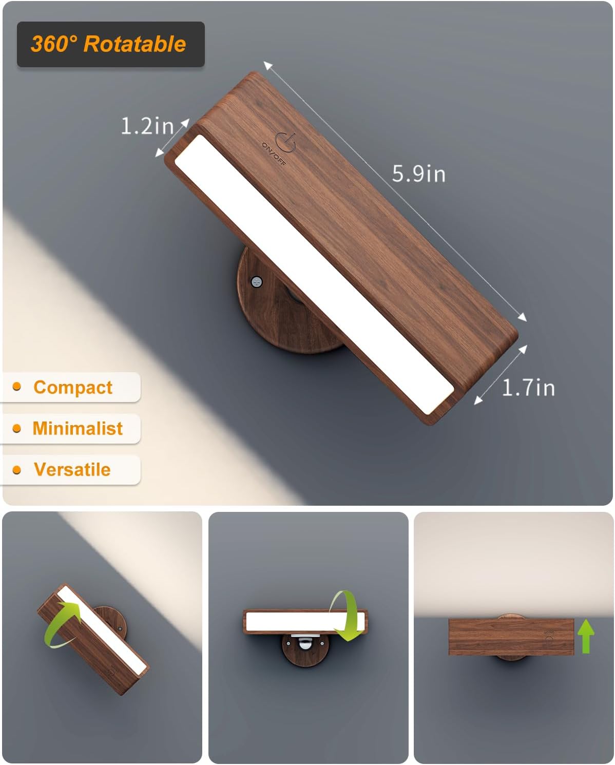 Wooden Wall Lights Battery Operated with Remote,Rechargeable Wall Sconce for Bedroom with 3 Color Temperature, Magnetic, Stick-On, Dimmable Wall Reading Lights (Walnutwood, 1 Pack)