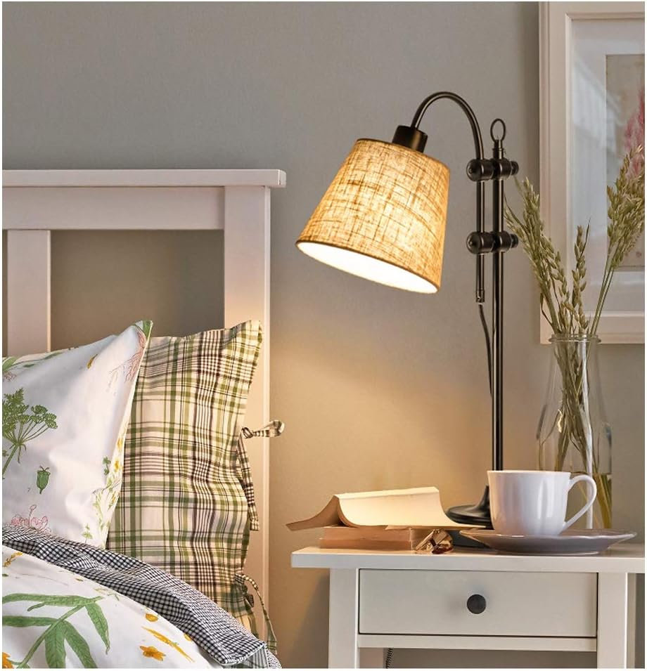 Bedside Table Lamp American Table Lamp Metal Base Linen Lampshade Bedroom Bedside Table Lamp Living Room Study Reading Lamp Adjustable Height from 17.7" to 24.8" Farmhouse Desk Lamps (Color : White L